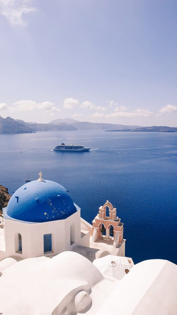 The blue domes of Santorini - perfect weather in Spring in Santorini means blue skies and smaller crowds.