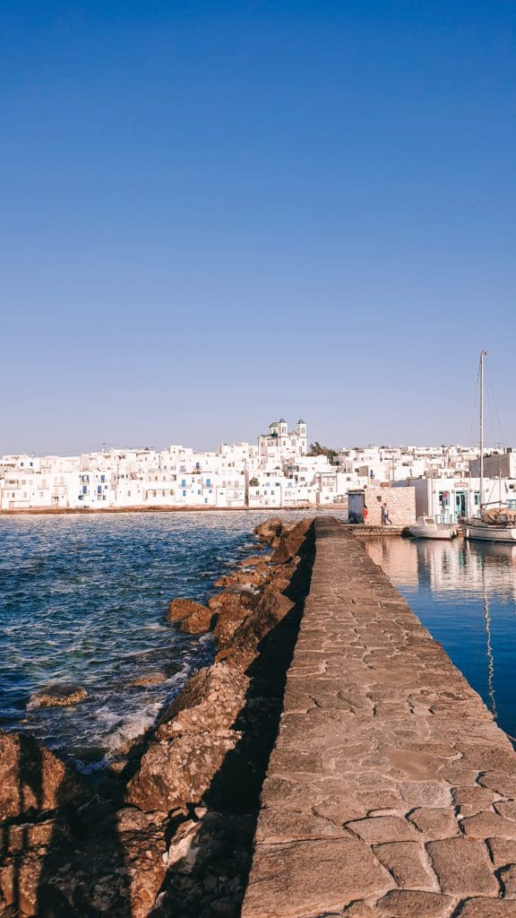 Town of Naoussa in Paros viewed on the walkway to the Venetian Castle.