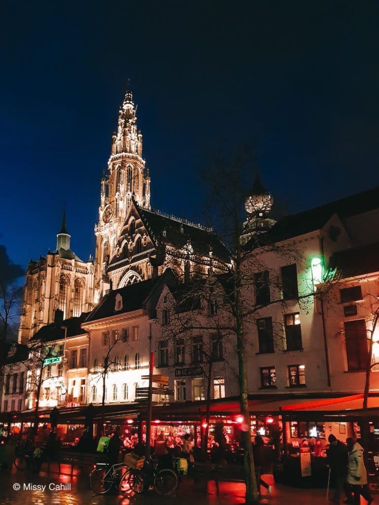 View of Antwerp Cathedral from the restaurants below.