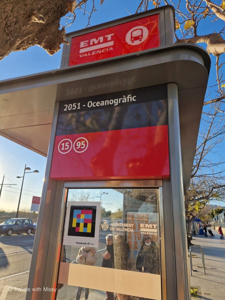 The bus stop outside the Valencia Aquarium - bus 95 takes visitors to and from the historic center of Valencia.