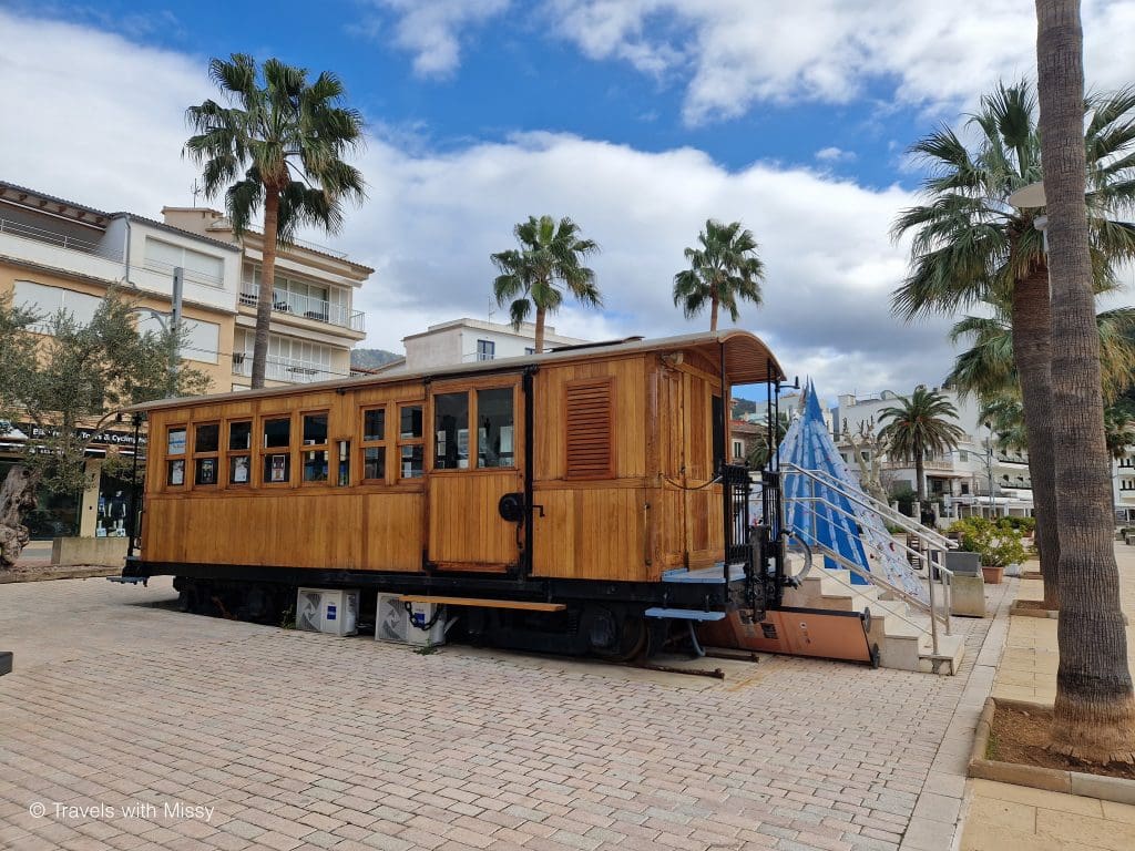 Pictured is a carriage from the Tren Sóller, a traditional wooden train that dates back to 1912.