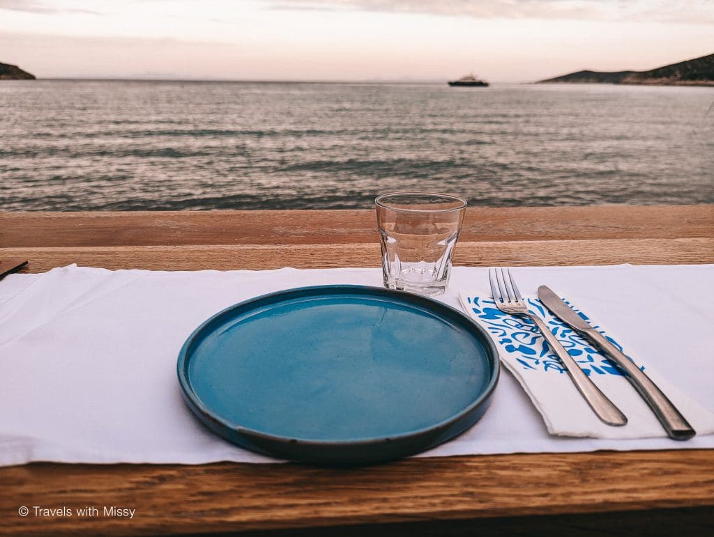 A blue dining plate in Nus Sifnos - one of the best places to eat in Platis Gialos and best areas to stay in Sifnos.