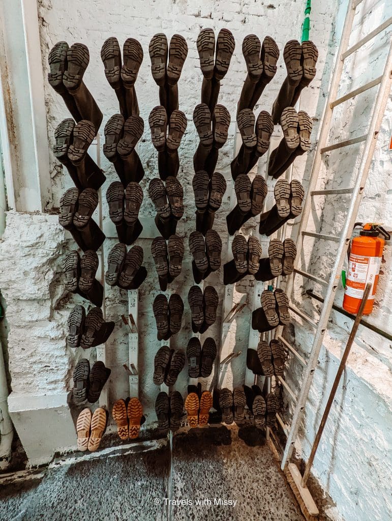 Rows of boots hanging up ready for the De Ruien Tour Antwerp