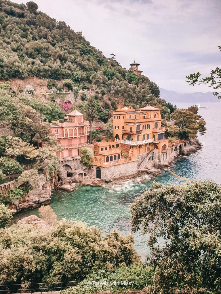 View over an impressively beautiful orange building in Portofino