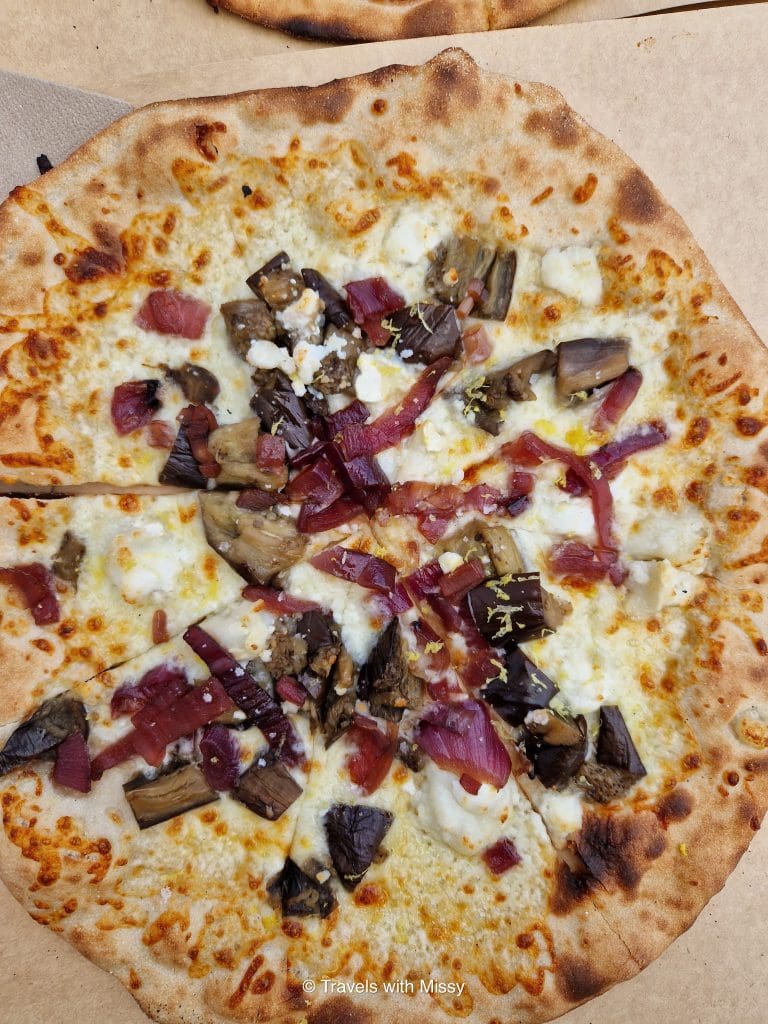 Smoked aubergine and goat's cheese pizza from Crate Brewery & Pizza in Hackney Wick.