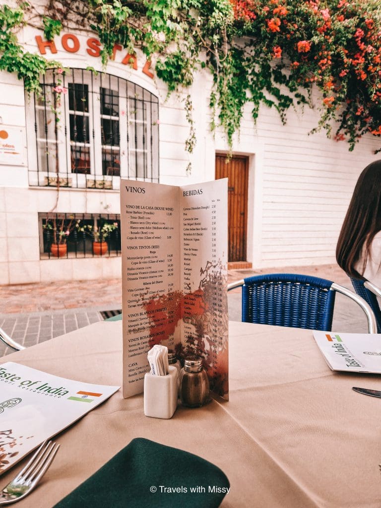 Outside table in A Taste of India Nerja.