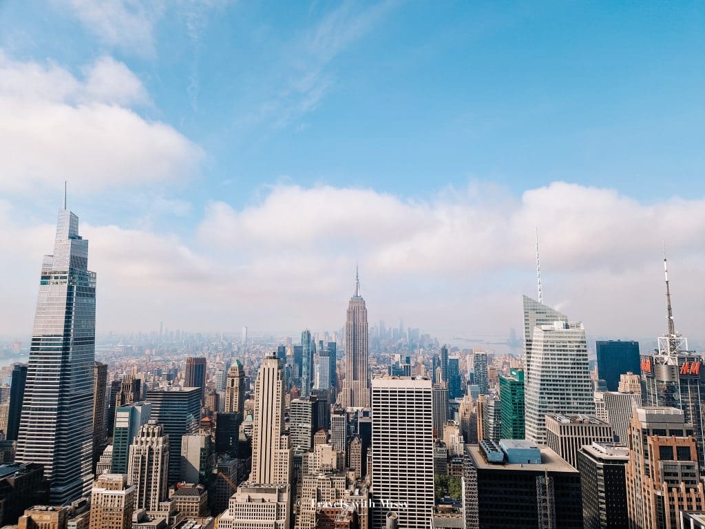 View of the New York Skyline from above. Pictured is the Empire State Building.