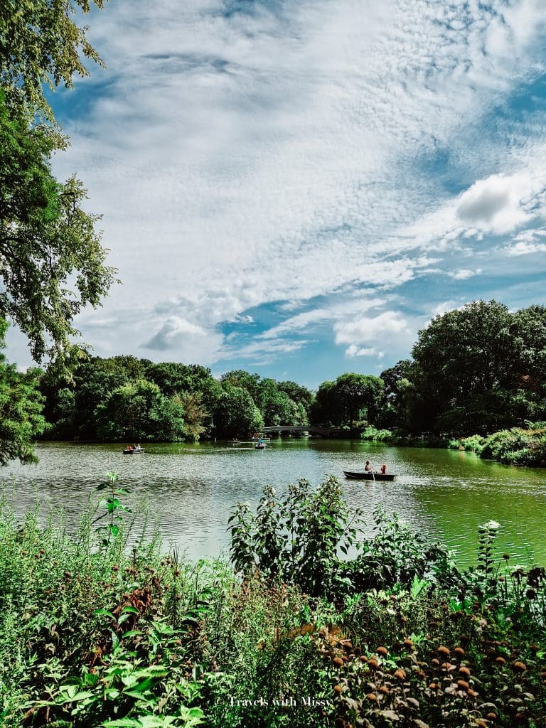 A boat rides across the lake of Central Park in New York.